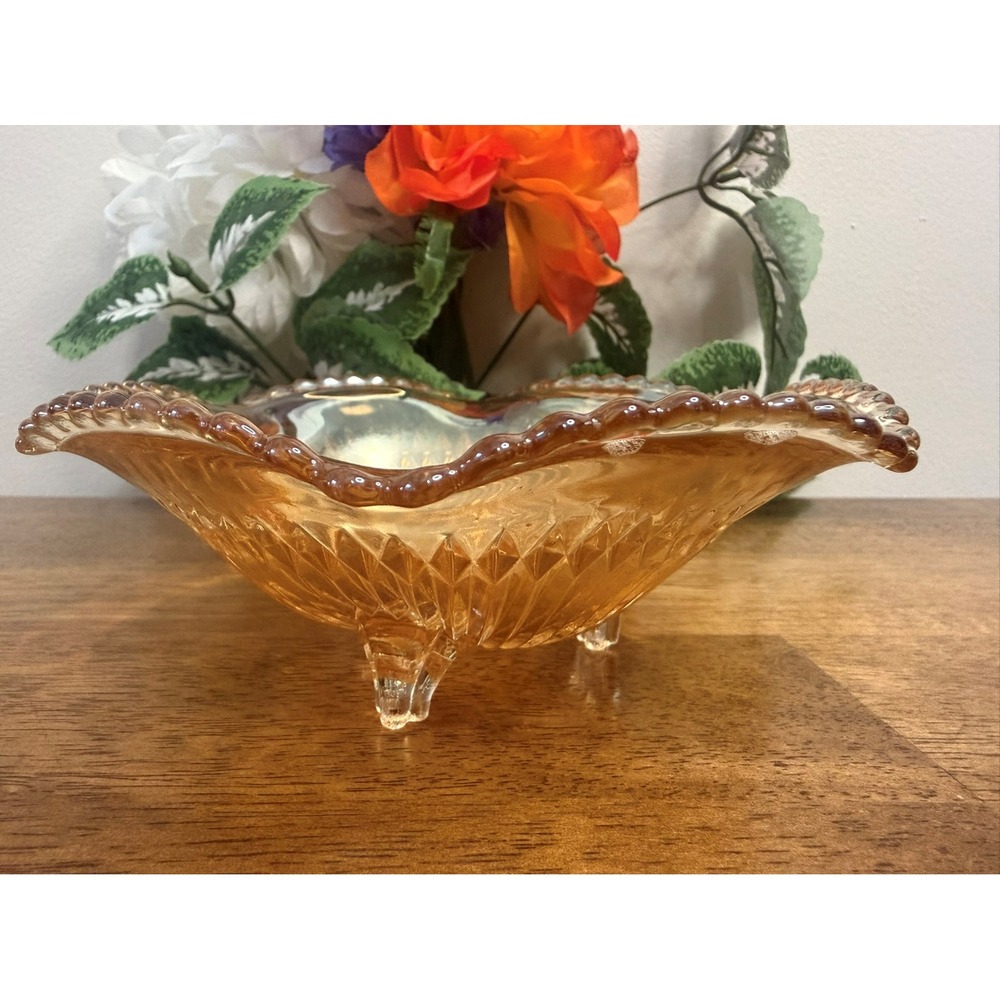 Vintage Marigold Carnival Glass Footed Bowl Depression Era Decor Centerpiece